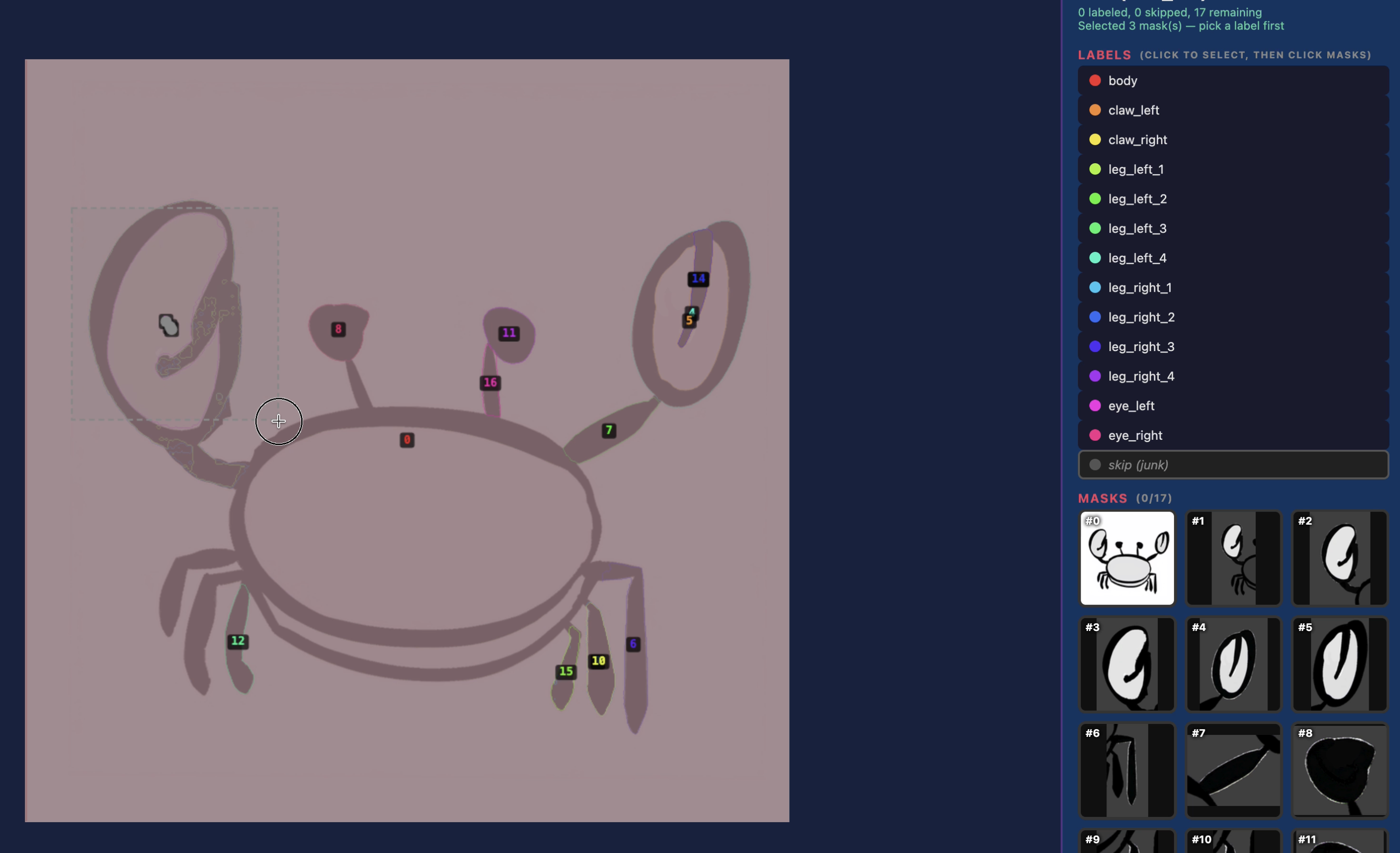 The labeling GUI after classification — body, claws, legs, eyes all labeled