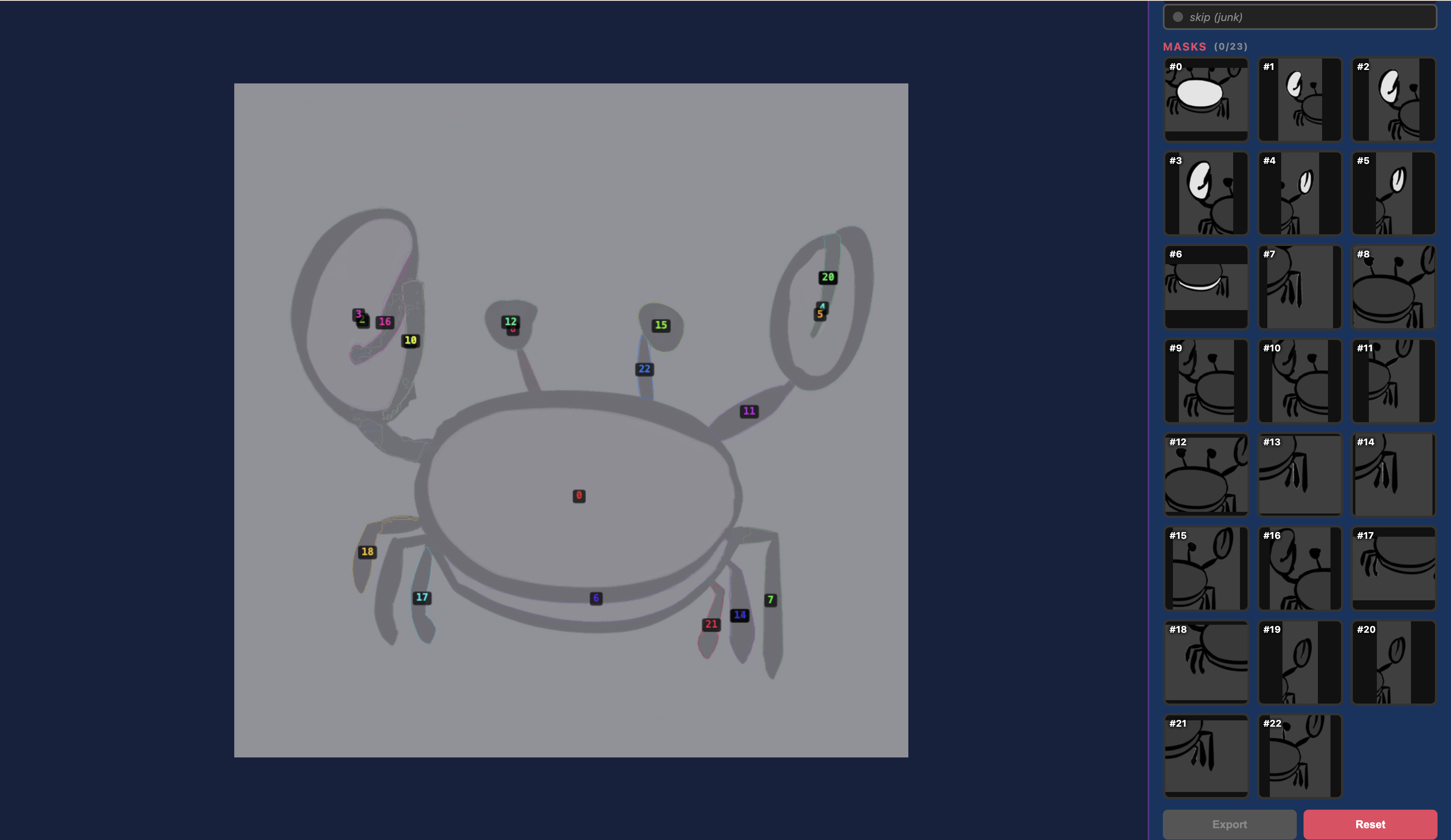 SAM2 auto-segmentation on our crab — 20+ masks, most of them wrong